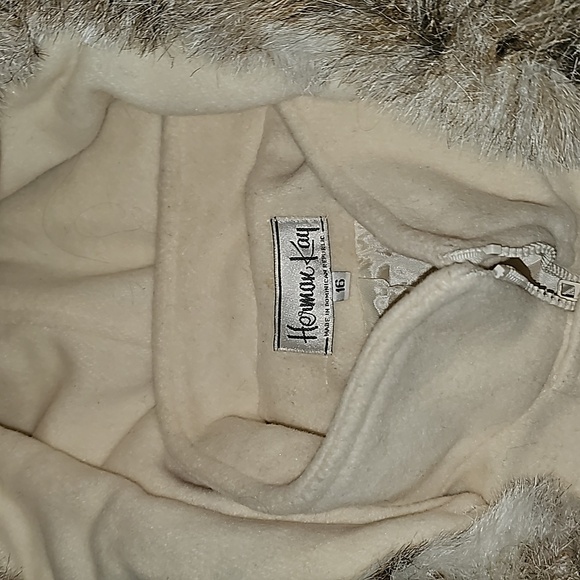 Herman Kay wool coat jacket ivory eggshell-white faux fur trim hooded pockets - Picture 7 of 7